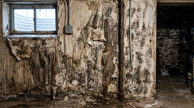 Peeling wallpaper and mold covering a damp basement wall in an old house