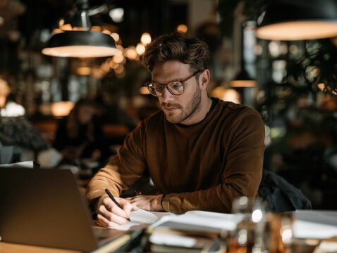 Focused man write notes with laptop in cafe, deep work on project