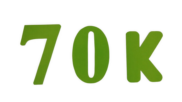 Green text symbol of seventy thousand or 70k count number sign for social media isolated on transparent background