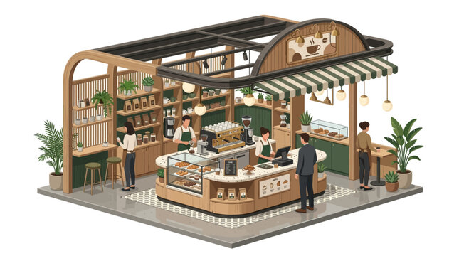 Cozy Coffee Shop Interior Isometric View with Customers and Baristas