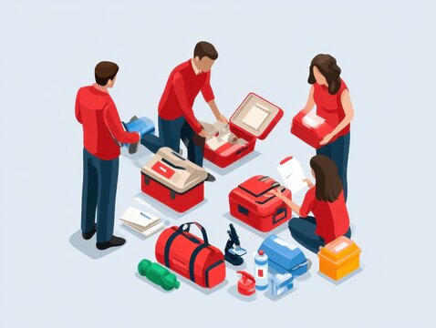 People prepare for emergency response, pack medical supplies, first aid kit