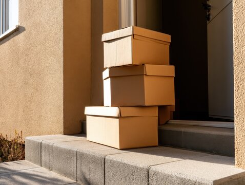 Stack of cardboard boxes on a doorstep for delivery or move concept