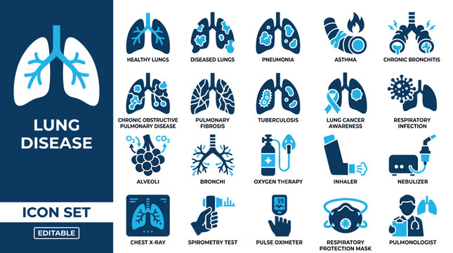 Respiratory health and lung disease medical icon set