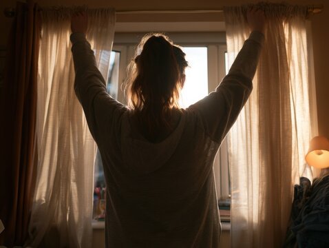 Woman Opening Curtains to Bright Morning Light, Backlit Silhouette at Dawn