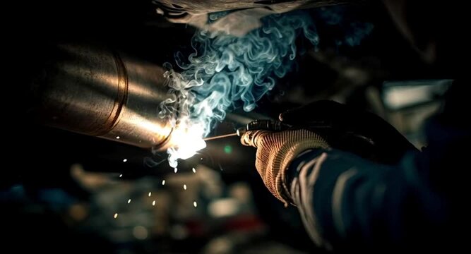 Close up view of a professional welder's hands in protective gloves using an electrode to join a metal pipe in a workshop, with bright sparks and smoke rising from the intense heat