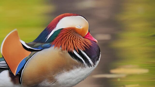 Mandarin duck with research ring standing with natural sound background