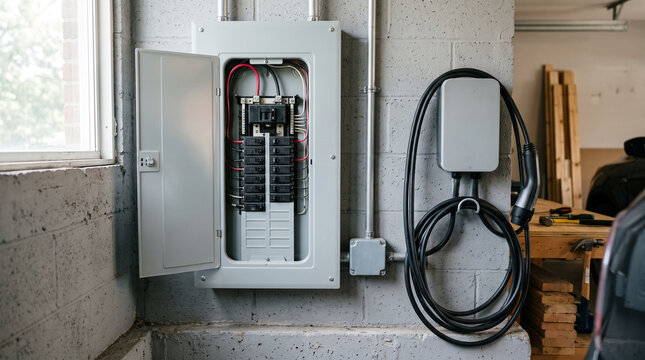 Dedicated breaker panel feeding a garage electric vehicle charging point