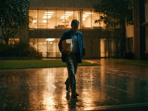 Adult man carry boxes walk in rain at night near illuminated building