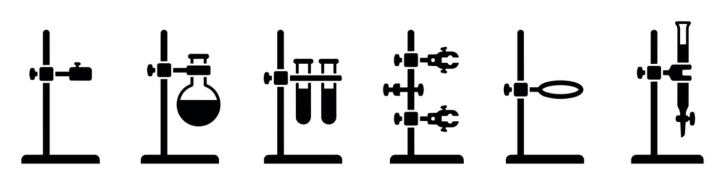 Laboratory glassware and equipment vector set with test tubes, flask, clamps, pipette holder, and retort stands for science experiments, chemical research, and lab work illustrations