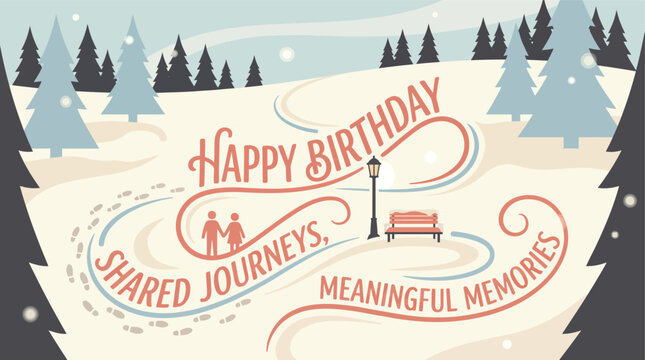 A charming birthday poster depicts a serene winter landscape, ideal for advertising positive news and designed with a transparent background for versatile use.
