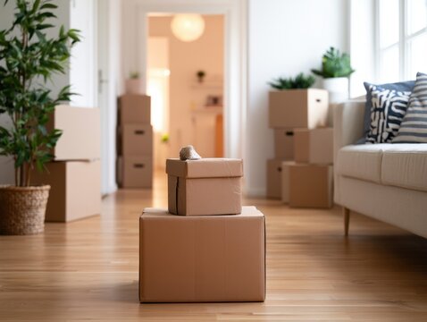 Cardboard boxes ready for move in a sunlit empty house with a plant