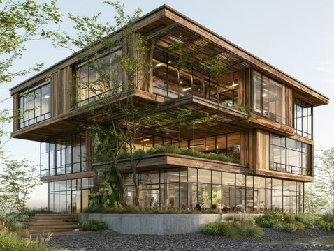 Modern Wooden Building with Large Windows and Greenery on Sunny Day