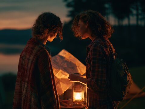 Two friends explore a map by lantern light during a dark camping trip