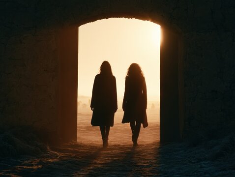 Two women stand silhouetted in a doorway looking out into the light