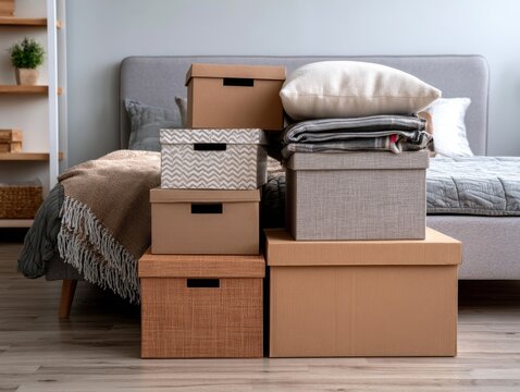 Stack of moving boxes in a bedroom for relocation or organization
