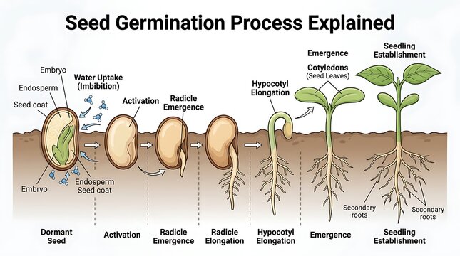 Seed germination process stages from dormant seed to young plant