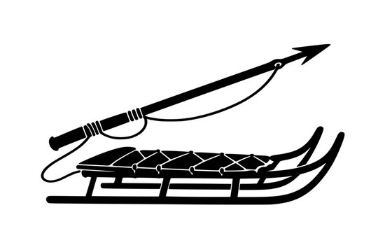 Traditional Arctic hunting equipment silhouette featuring a sled and harpoon, black flat vector illustration isolated on white background.