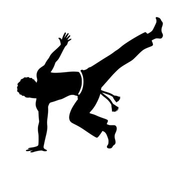 Black silhouette vector illustration of a Brazilian capoeira fighter performing a dynamic martial arts kick isolated on white.