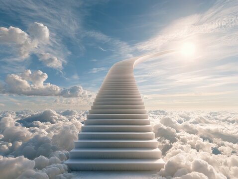 Stairway to Heaven: Infinite Ascent Above Clouds Towards Bright Light