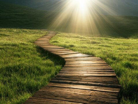 Winding Wooden Path Through Green Meadow Towards Bright Sunlight