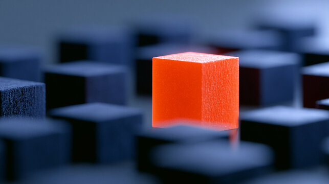 Single glowing orange cube standing out among dark blue square grid pattern

