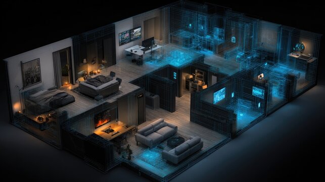 Modern apartment interior, overlaid with  interactive,  smart home network