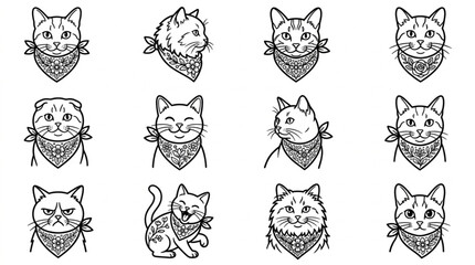 Twelve black and white cat illustrations with bandanas. © stephen
