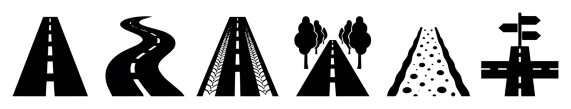 Road and street icon set featuring different road types and surfaces including straight, curved, tire tracks, tree-lined, dirt, and intersection roads in simple black vector symbols
