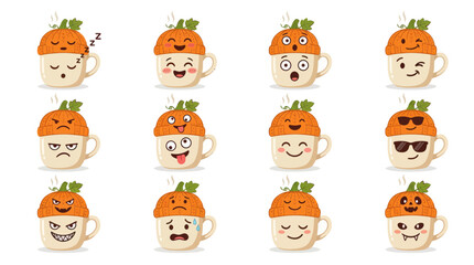Obraz premium A collection of cute coffee mugs wearing pumpkin hats with various funny facial expressions for autumn and halloween holiday season designs