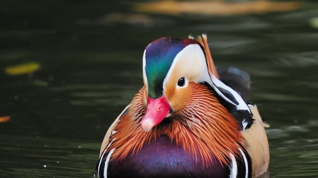 Male mandarin duck swimming in pond with colorful autumn reflection
