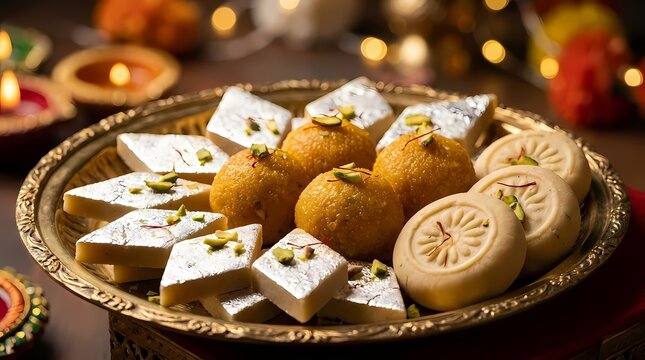 Assorted Indian sweets on decorative brass plate.