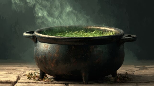 Old Rusted Iron Witch Cauldron with Bubbling Green Potion and Herb Sprigs on Stone Ground Medieval Witchcraft