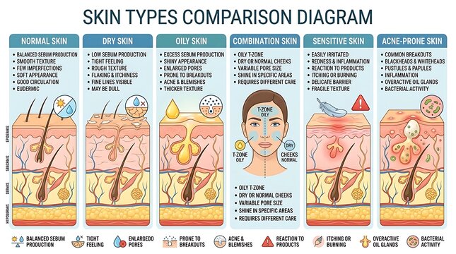 Comprehensive skin types comparison diagram with anatomical details