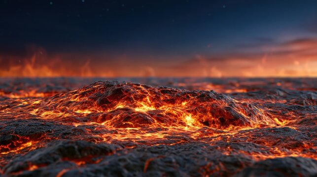 Molten Lava Flowing Across a Volcanic Landscape Under a Dramatic Sky