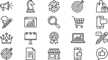 Digital marketing, business strategy, and advertising line art vector icon set featuring megaphone chess knight target shopping cart billboard and analytics symbols.eps © MdAzahar