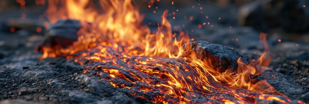 Molten lava flowing over rocks with flames and sparks, a powerful natural phenomenon in close-up.