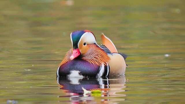 Male mandarin duck swimming in pond with colorful autumn reflection