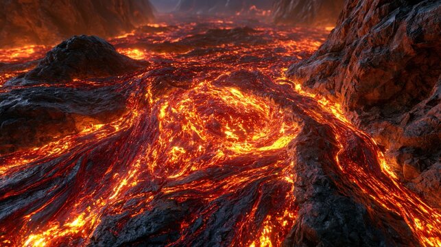 Molten lava flowing through volcanic rock landscape, intense heat and glowing orange magma