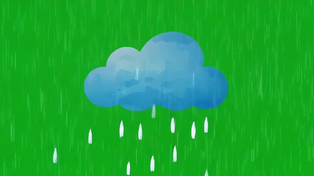 Animated blue clouds raining with a green textured background during a gentle downpour
