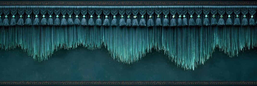 Ornate Teal Curtain with Tassels and Beads, Luxurious Fabric Draping with Glittering Accents