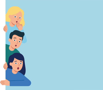 Surprised diverse group of people spying and peeping with blank copy space