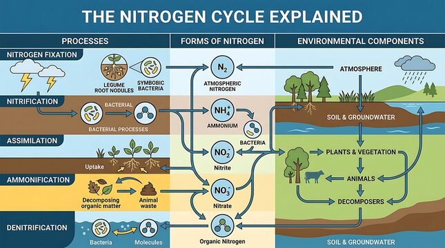 Educational diagram of the nitrogen cycle in the ecosystem