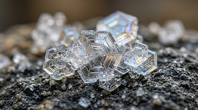 Macro view of translucent hexagonal ice crystals on a dark stone