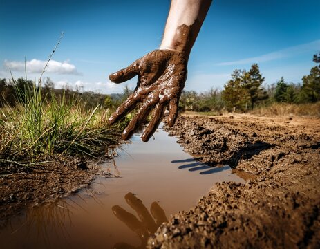 mud covered hand reaching from puddle