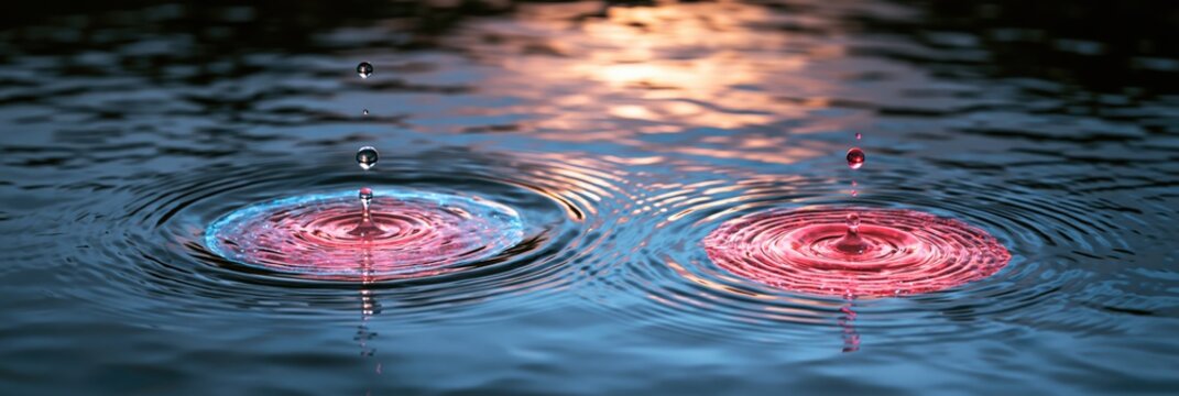 Two colorful water drops creating ripples on dark water surface, abstract, macro photography