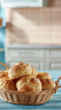 Basket of freshly baked artisan bread rolls on a rustic blue wooden table in a bright kitchen, perfect for breakfast and bakery themes
