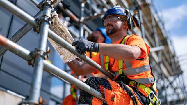 Scaffolding crew dismantles steel framework from a completed hospital wing exterior, one worker pausing to compare a faded construction blueprint against the gleaming finished facade, industrial cle