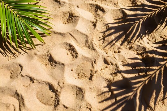 Natural Beach Sand with Green Palm Leaf Border and Shadow Patterns