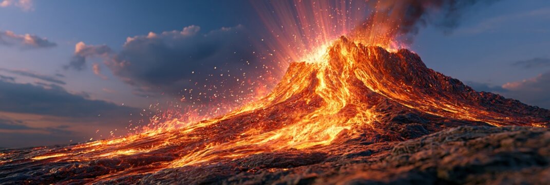 Fiery Volcano Eruption with Lava Flowing Downside and Ash Plume Against Dramatic Sunset Sky