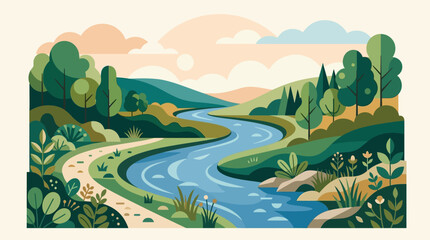 Obraz premium Vivid landscape illustration featuring a winding river surrounded by lush greenery and rolling hills under a cloudy sky
